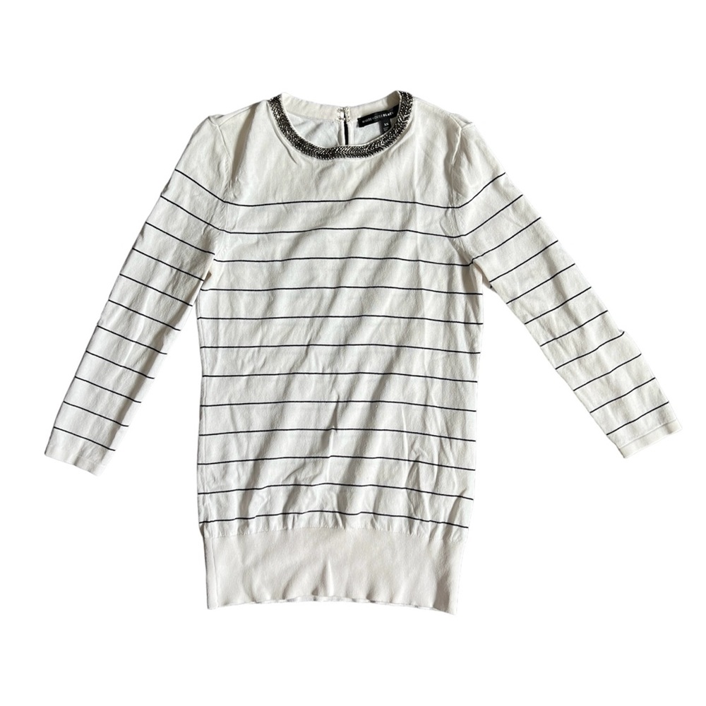 White House Black Market Thin Sweater Blouse Knit Striped Jeweled Neck EUC XS